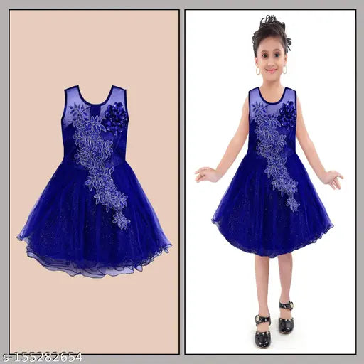 Silver kraft blue net knee-length dress for baby girls (fe1051blu), various sizes available from 3-6 months to 5-6 years