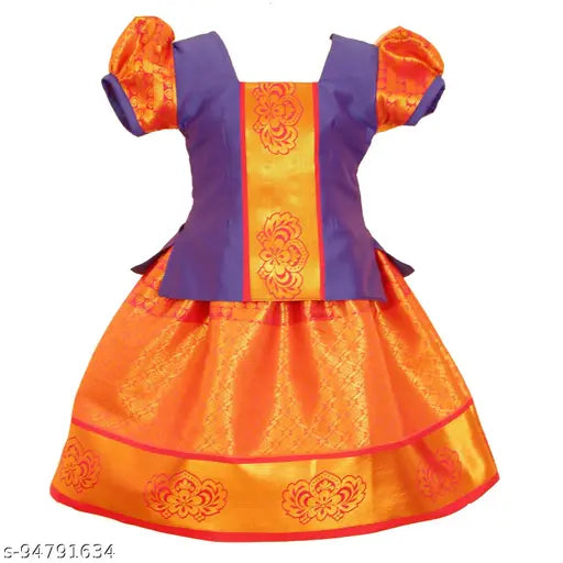 Cotton silk Kids' Saranya Pattu Lehenga Choli with waist belt, floral design in various sizes for festivals and parties, Indian-made