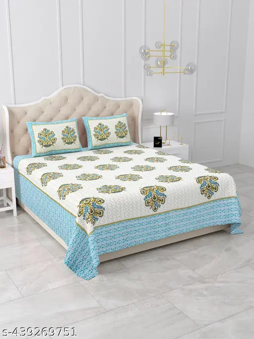Pure cotton double hand block print king bedsheet set with 2 pillow covers, 17x27. Classic botanical design for adult use in mild winter season, made in India
