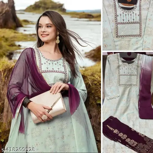 Grey embroidered net Kiana women's rayon kurta set pack of 3 (L, XL, XXL) with palazzos and dupatta - Indian ethnic fashion