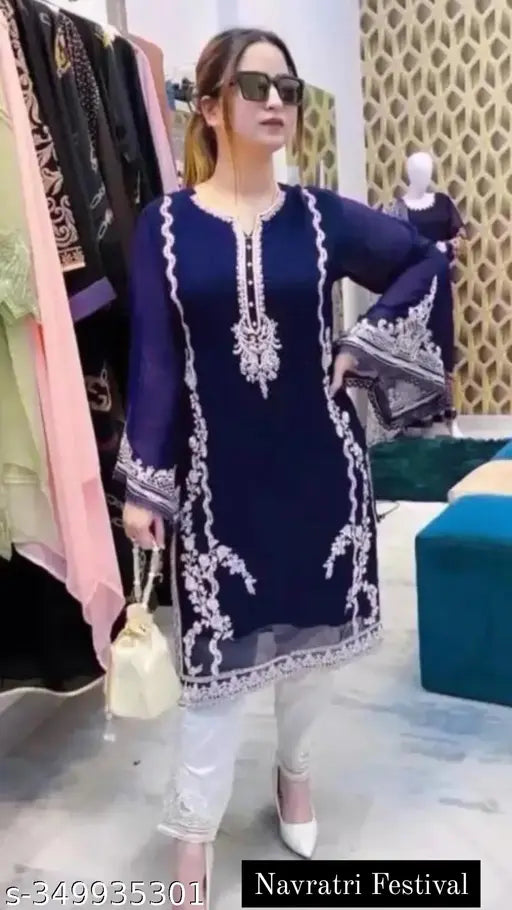 Blue Georgette and Silk Kurta Set Combo for Women - Embroidered net Nayar design, three-quarter sleeves, includes dupatta and palazzos