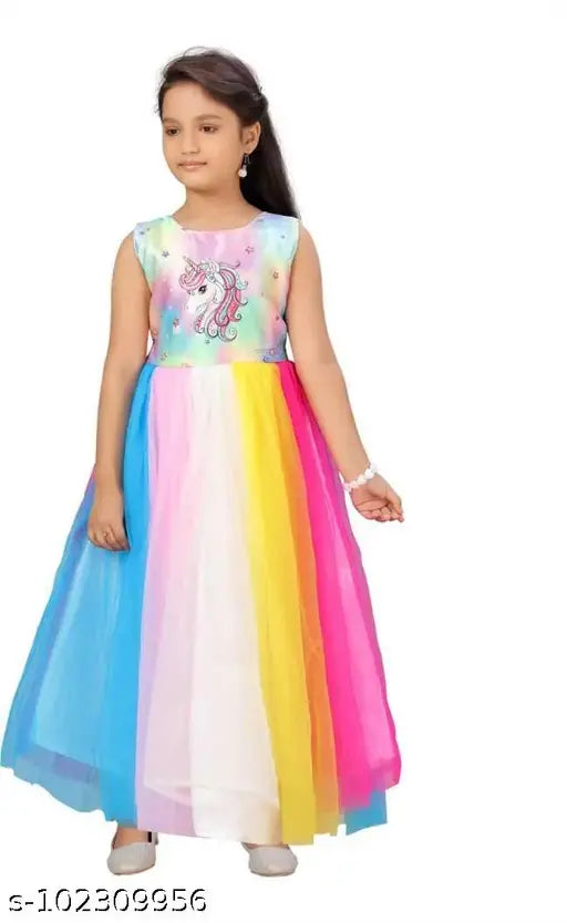 Multicolor silk blend frock dress for girls, sleeveless colorblocked design on 3-15 years sizes