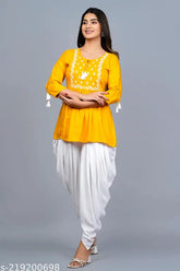 Rayon TunicDhoti set, three-quarter sleeves for women's ethnic fusion wear, Indian-made, S-XXXL sizes available