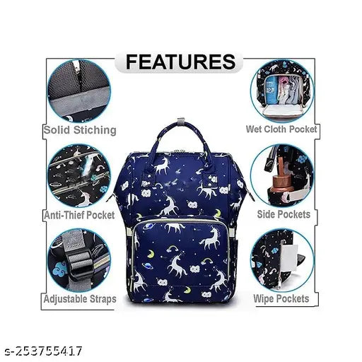 Blue polyester diaper backpack with unicorn design, waterproof and convenient for baby essentials on-the-go, adjustable shoulder strap