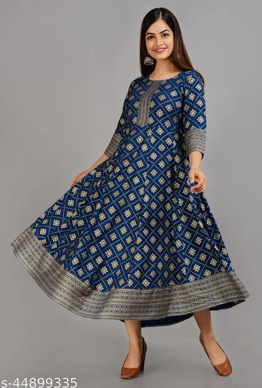 Rayon printed Anarkali kurti with three-quarter sleeves, vibrant Indian women's fashion