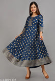 Rayon printed Anarkali kurti with three-quarter sleeves, vibrant Indian women's fashion