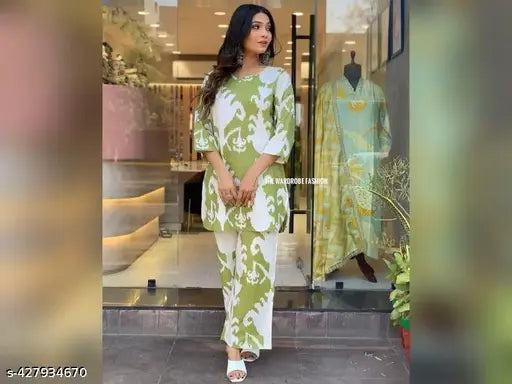 ZestLeaf women's printed ethnic co-ord set (Viscose Rayon), three-quarter sleeve palazzos with Kurta and bottomwear, Indian traditional style