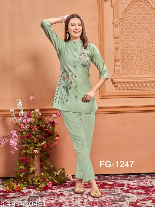 Blue viscose embroidered kurta and pant set for women, three-quarter sleeves, Indian wedding and festival wear