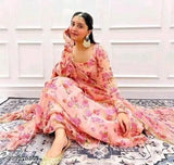 Pink georgette gown for office collage and party wear, printed pattern on long sleeves