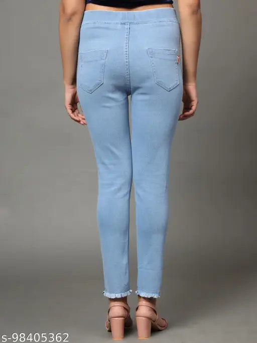 Solid skyblue denim jeggings for women, stretchable medium waist with elastic belt closer, ankle length