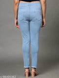 Solid skyblue denim jeggings for women, stretchable medium waist with elastic belt closer, ankle length