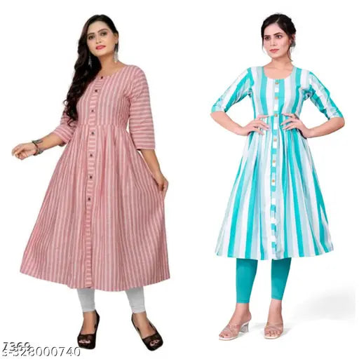 Striped cotton three-quarter sleeve kurta for women, trendy Indian outfit with various sizes available for functions, receptions, weddings, and parties