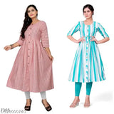 Striped cotton three-quarter sleeve kurta for women, trendy Indian outfit with various sizes available for functions, receptions, weddings, and parties