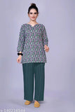 100% pure cotton nightsuit with printed pattern, ideal for relaxation and comfort in sleepwear. Elastic and drawstring waist, great as a gift for women. Made in India