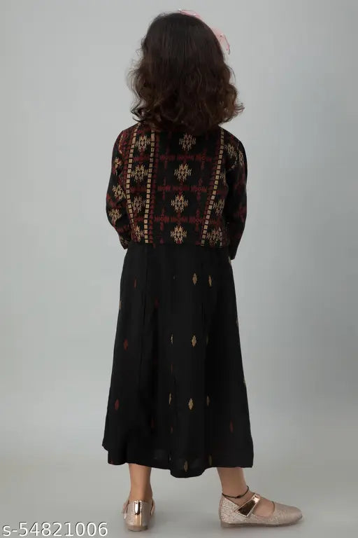 Kids Rayon gold printed black gown set with jacket, three-quarter sleeves, Indian-inspired design for kids' formalwear