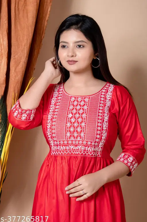 Rayon embroidered ethnic kurta for women, three-quarter sleeves, Indian fashion on mannequin