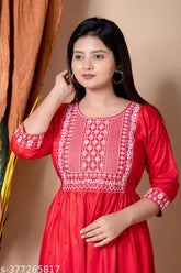 Rayon embroidered ethnic kurta for women, three-quarter sleeve fashionable outfit from India