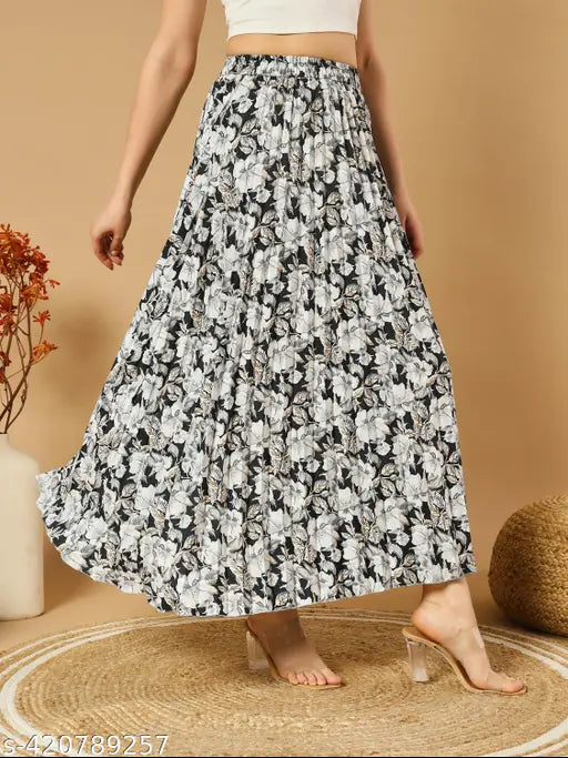 Floral printed crepe A-line long skirt, timeless elegance, Indian craftsmanship