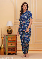 Printed cotton nightsuit for women, Indian-style round neck top and pyjama bottoms