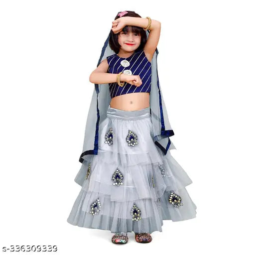 Grey striped and embroidered dupion silk lehenga choli set with net dupatta and border lace, suitable for festive occasions on a young girl