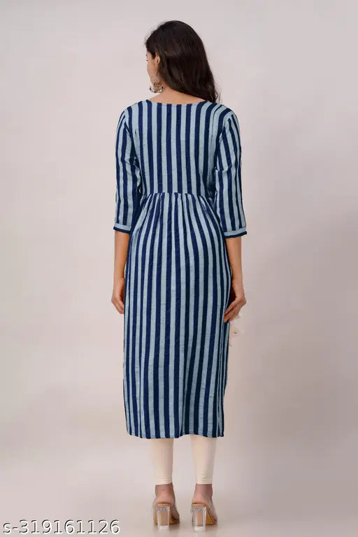 Rayon stripe print A-line kurta for women, three-quarter sleeves, round neck, flared hemline. Indian design, casual and everyday wear