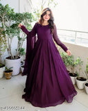 Wine georgette gown and dupatta set for women, long sleeves, solid pattern, ready-made, S-XXL sizes