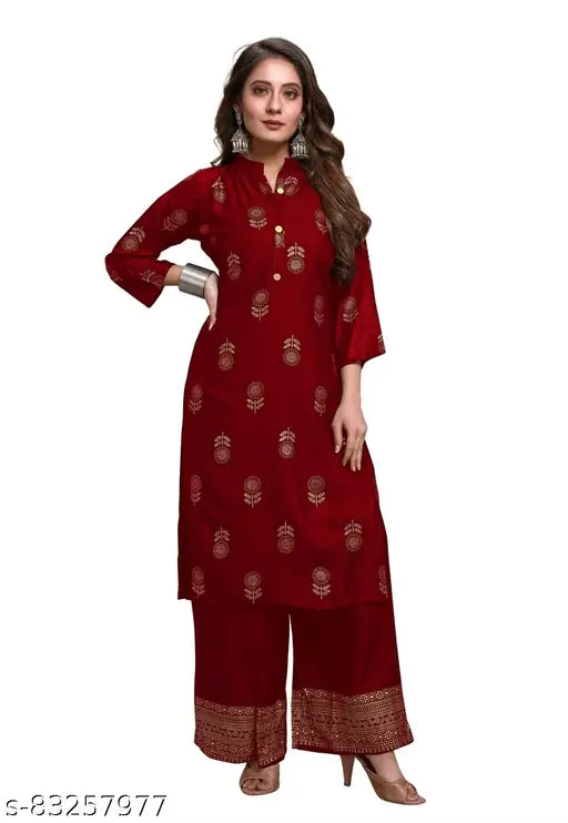 Fabulous Women ethnic foil printed kurti & palazzo set, heavy rayon, gold foil print, Indian origin