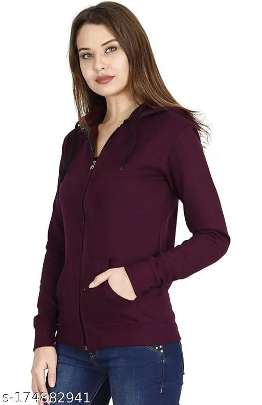 Red fleece zipper hoodie jacket, casual style, solid pattern