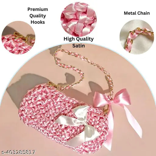 Handmade pink satin sling clutch, embellished net, premium fabric, Indian craftsmanship