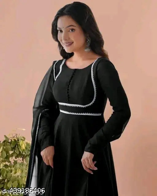 Black lace Georgette kurta with three-quarter sleeves, solid black traditional Indian outfit with matching dupatta on display