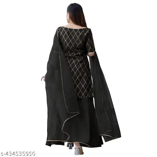 Black Rayon Gold Printed Kurta Set with Sharara Dupatta and Chiffon bottomwear - Indian designer ethnic wear for women, perfect for Diwali shopping