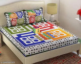 Cotton Ludo bedsheet set with dice, regular quality flat sheets for adults, ideal for summer, comes with 2 pillow covers, machine washable, Indian-made