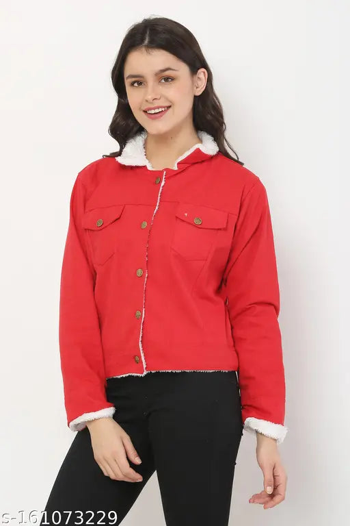 Denim fur casual jacket, solid pattern, long sleeves for women, XS-M sizes, India origin