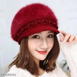 Furry woolen beanie cap for women, trendy winter hat in onesize