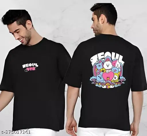 BTS MEN Oversize Printed Cotton Blend T-Shirt, fashionable men's wear with short sleeves & various styles like printed, color-black, Plan, self-design. Shop top brands like Fashion, Machine, and more online, delivered to your doorstep. India origin
