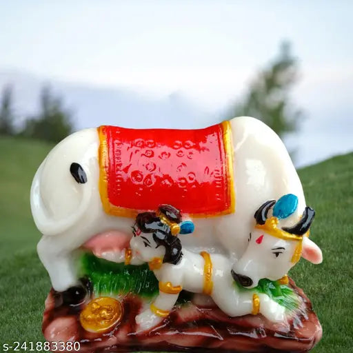 Marble-look Kamdhenu Cow and Lord Krishna Statue, religious home decorative idol with milking scene, Indian origin