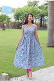 Elegant blue floral printed rayon flared ankle-length dress for women's & girls - Comfortable, stylish, and chic daily wear with round neck and applique ornamentation