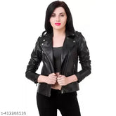 Stylish black faux leather biker women's jacket, long sleeves, solid pattern, XS (30in bust, 19in length), India-made