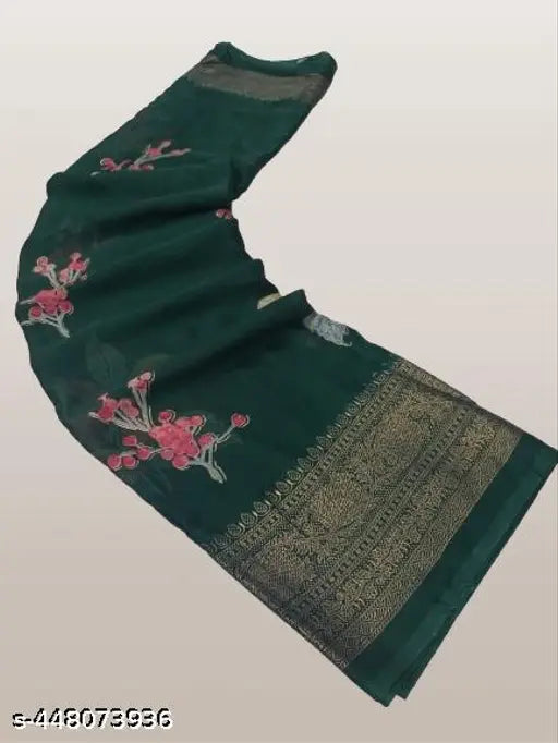 Rich floral moss chiffon saree with foil print, Indian handloom quality daily wear or party attire