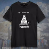 Black cotton blend round neck half sleeve Kedarnath spiritual t-shirt, featuring Shiva Jyotirlinga graphic print. Ideal for devotionals and party wear