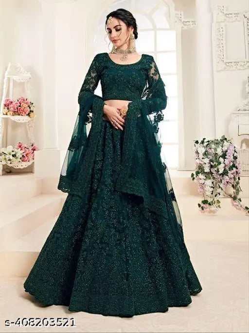 Heavy embroidered bridal lehenga choli set on mannequin, featuring net fabric and intricate designs, suitable for girls and women