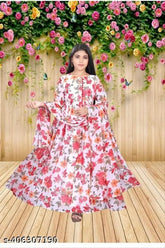 Stylish cotton girls' gown with long sleeves and printed net pattern, comfortable essential for 9-15 years old, Indian made