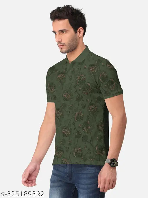 Olive cotton blend polo t-shirt for men, featuring all-over print design. (Bullmer)