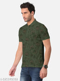 Olive cotton blend polo t-shirt for men, featuring all-over print design. (Bullmer)