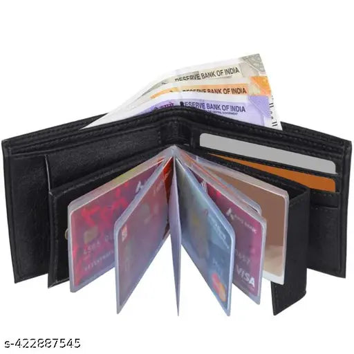 Black faux leather bi-fold ATM Album wallet, hand-stitched, featuring 5 compartments for men's essentials - ideal for travel or formal events
