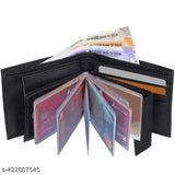 Black faux leather bi-fold ATM Album wallet, hand-stitched, featuring 5 compartments for men's essentials - ideal for travel or formal events