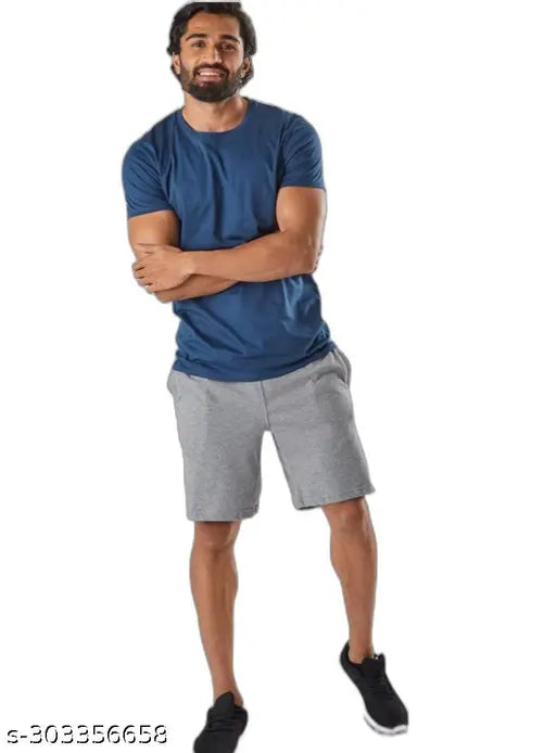 navy blue polyester men's round neck t-shirt, solid pattern on display