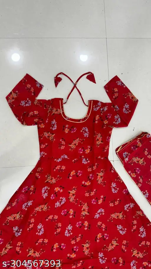 Red faux georgette long kurti with dupatta for women, printed combo with full inner lining, three-quarter sleeves