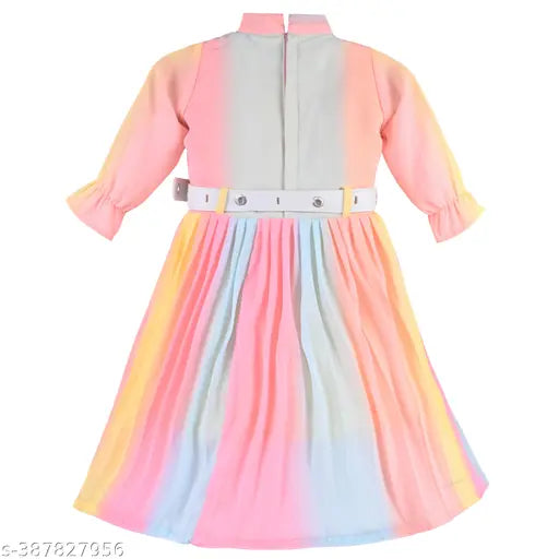 Multicolor Georgette Tie & Dye Pattern Baby Frock Dress with 3/4 sleeves, turtleneck, bow, pleats, back zip, detachable belt, size 1-2yrs - 5-6yrs. Made in India