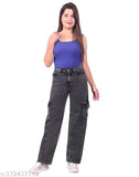 Denim Straight Fit Cargo Jeans for Women, premium mid-rise denim with flattering fit and attention to detail, available in various washes. (India)